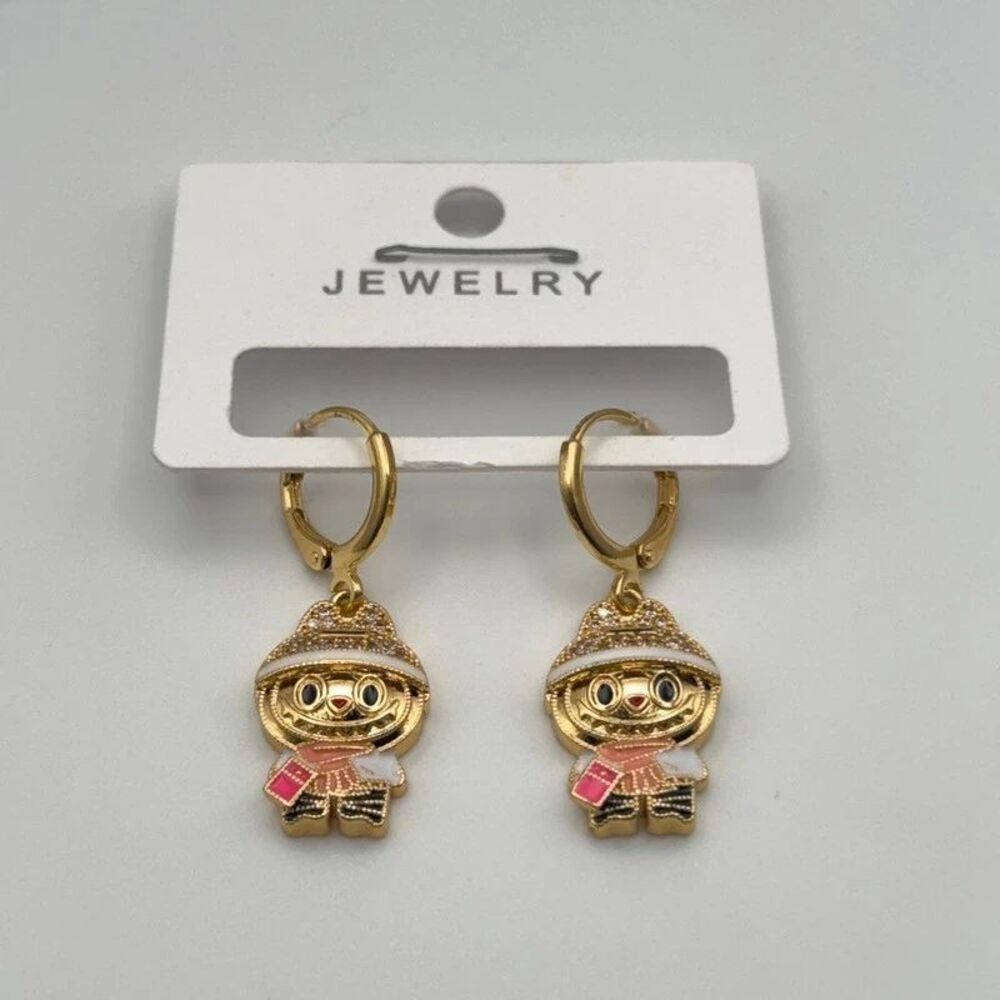 Gold Tone Enamel Labubu Inspired Earrings